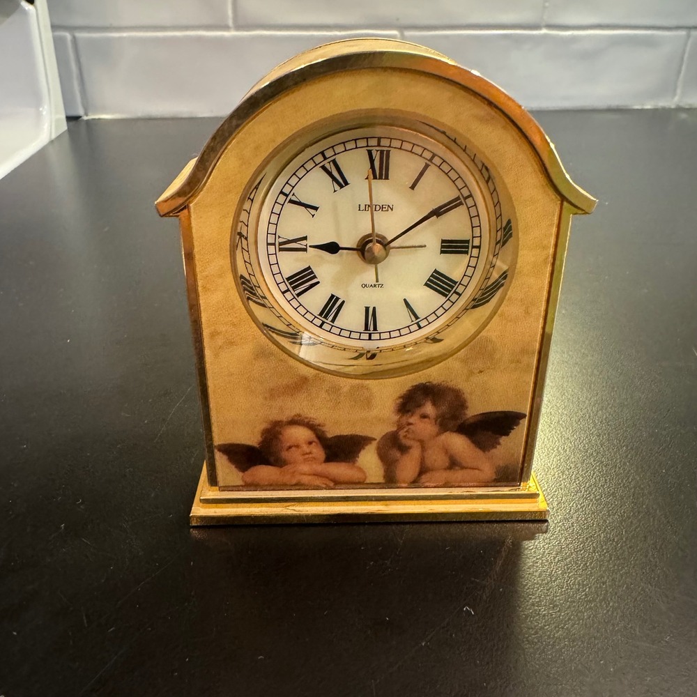 Linden Alarm Clock Desk Gold Raphael Angels Cherubs Roman Numeral Quartz B-11
